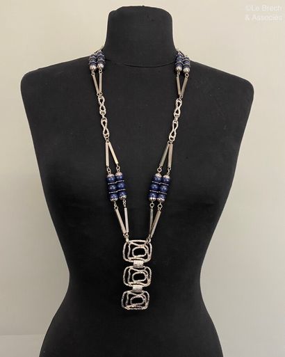 null DIOR Modernist long necklace with nickel plated metal and blue wood beads -...