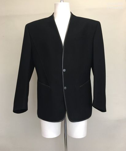 null 
THIERRY MUGLER Paris Jacket in black wool with leather trim and snap closure...