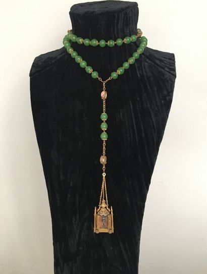 null Patinated metal rosary with green glass beads, painted glass motifs and pendant...