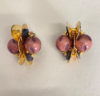 null Attributed to DIOR by MARC BOHAN Pair of ear clips with gilded metal discs and...