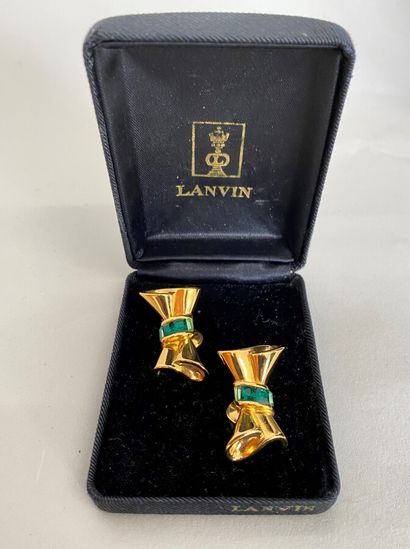 null LANVIN Germany Pair of bow ear clips in gold metal with green rhinestones in...