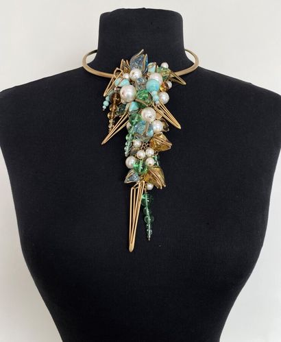 null GRIPOIX Paris gold plated necklace with pearly pearls, flower buds and turquoise...