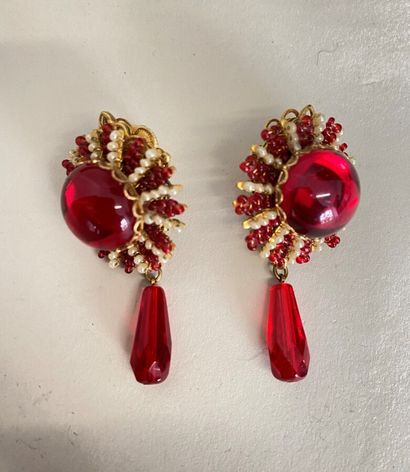 null STANLEY HAGLER NYC Pair of flower ear clips with drop in gilded metal, red glass...