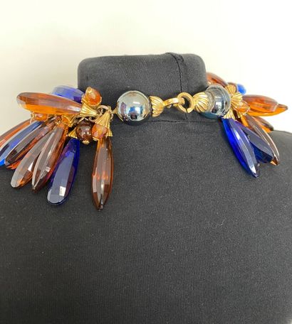 null Necklace in gilded metal with blue and amber resin pendants - unsigned 

length...
