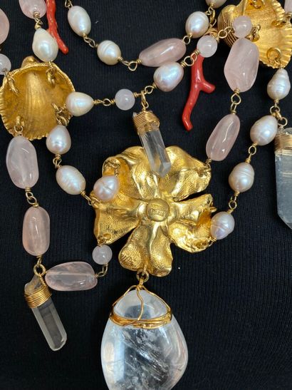 null GOOSSENS Paris Necklace drapery shells and flowers in gilded metal pebbles of...