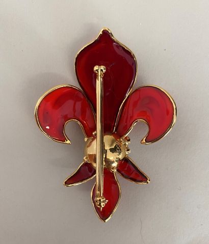 null GRIPOIX fleur de lys brooch in gilded metal with translucent red glass and small...