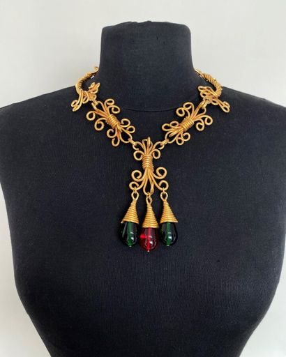 null Baroque-inspired necklace in gilded metal with scrolls and drops of red and...