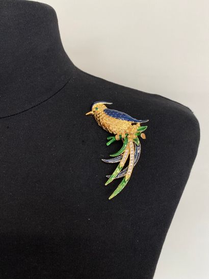 SPHYNX Bird of paradise brooch in gold enamel...