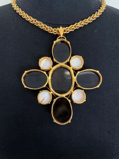 null Necklace and cross pendant in gold plated metal, black glass and pearl - unsigned...