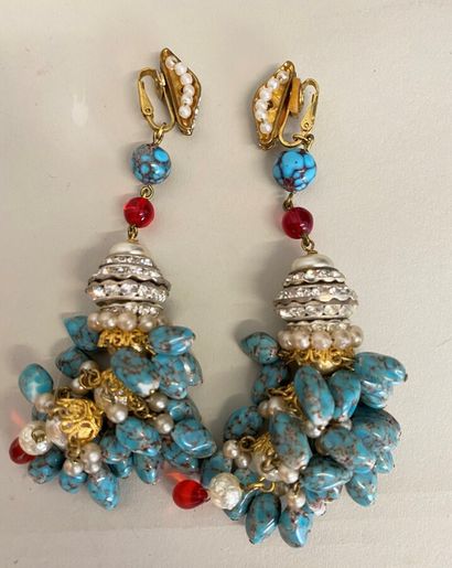null VALENTINO Haute Couture Pair of gold plated pebbled turquoise and rhinestone...