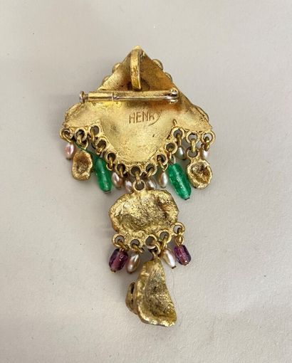 null HENRY Brooch pendant in gilded metal with green and purple enamel cabochon,...