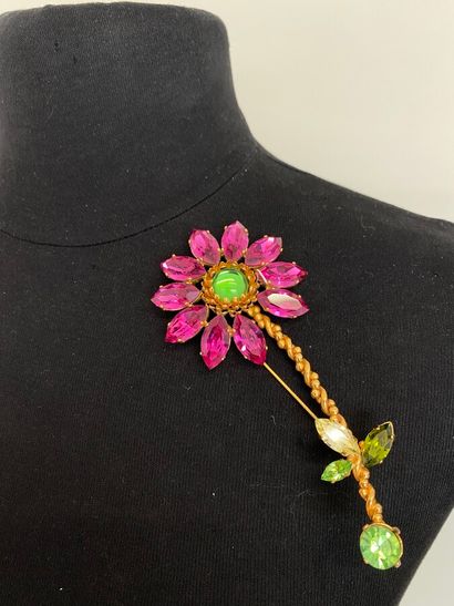  CHRISTIAN LACROIX Made in France Flower brooch in gold plated metal with green glass...