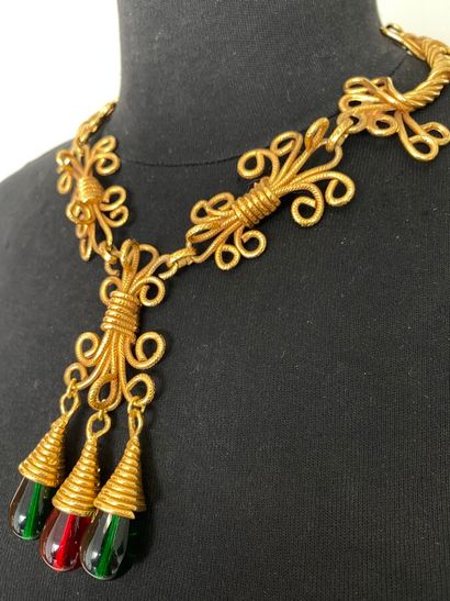 null Baroque-inspired necklace in gilded metal with scrolls and drops of red and...