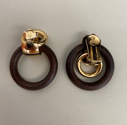  CHRISTIAN DIOR by GROSSE Germany Pair of gilded metal and wood circle ear clips...