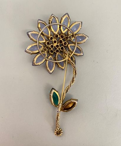  CHRISTIAN LACROIX Haute Couture Flower brooch in gold metal with green, purple and...