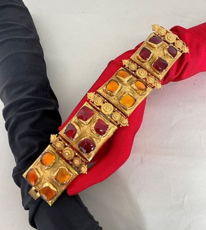 null Merovingian-inspired bracelet in gilded metal and yellow and red enamel cabochons...