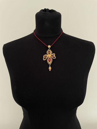 null CHRISTIAN LACROIX Cross pendant in gold metal and colored rhinestones on burgundy...