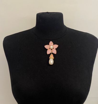 null YVES SAINT LAURENT Made in France, gold plated metal flower pendant with pink...