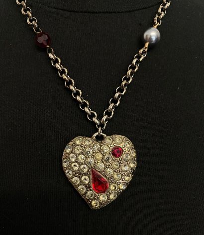 null YVES SAINT LAURENT Necklace and heart pendant in steel patina with red and grey...