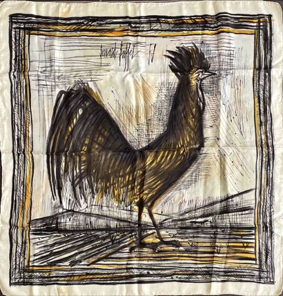 null BERNARD BUFFET 59 The rooster silk scarf in brown and black ivory background...