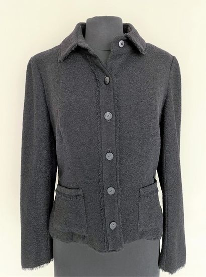 null CHANEL Jacket in black wool and silver threads with fringed edge buttoning the...