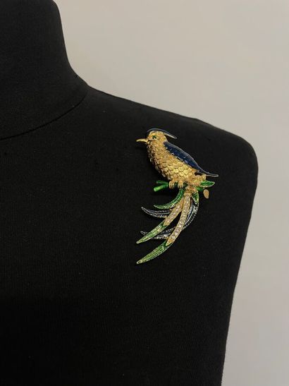 null SPHYNX Bird of paradise brooch in gold metal with blue and green enamel and...