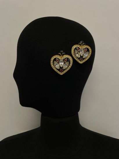 null BUTLER & WILSON Pair of black and red enamel and rhinestone heart ear clips...