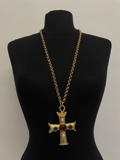 null Gold plated metal necklace and cross pendant with blue glass cabochons and amber...
