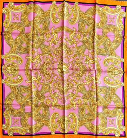 null VERSACE Made in Italy Silk scarf with gold and pink background, orange and black...