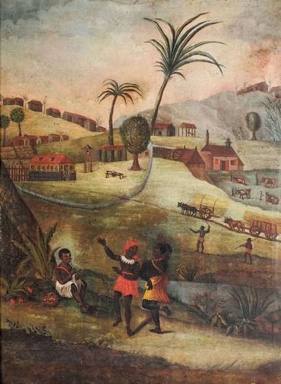 Ecole brésilienne fin XVIII/début XIX "La plantation de canne à sucre" Huile sur...