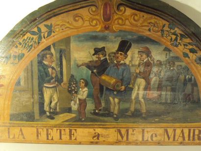 null Fronton en bois peint "La fête à Mr Le Maire" 74 x 173 cm