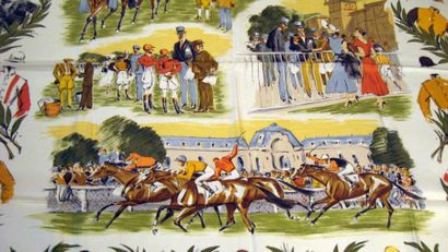 HERMES Paris "Courses à Chantilly" par Maurice Taquoy Carré en soie blanche, brune...