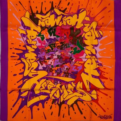 HERMES Paris "Graff" par Kongo Carré en soie orange, violette et jaune - circa 2...