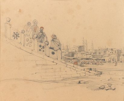 Eugène FROMENTIN attribué à Hommes debout sur un escalier, au loin : place animée...