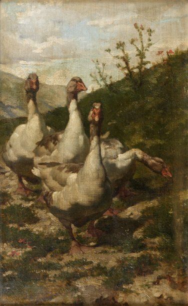 Charles HERMANN-LEON attribué à Oies Huile sur toile 46,5 x 29,5 cm