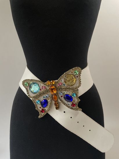 null CARLO ZINI White leather belt with metal butterfly buckle, colored rhinestones...
