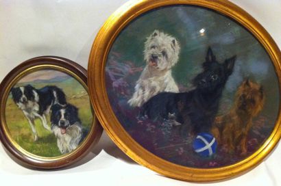 ECOLE XXe SIÈCLE Lot de deux pièces encadrées 1 pastel ovale représentant 3 chiens...