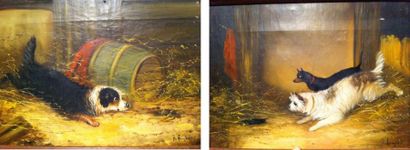 Ecole XXième J Langlois Chiens ratiers, deux huiles sur toile formant pendant- Dim:...