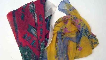 HERMES Paris "Cheval Fleuri" and "Bonzai" 2 muslin silk scarves (used feeling, little...