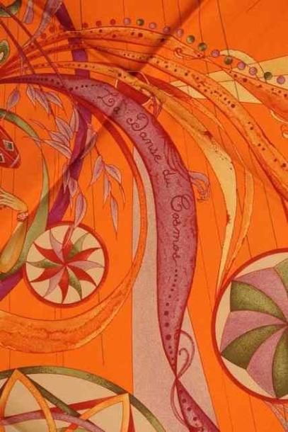 HERMES Paris "Danse du Cosmos" by Zoé Pauwels Orange silk scarf (very good condition)...