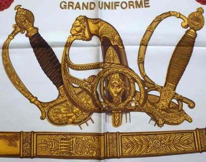HERMES Paris "Grand Uniforme" by Joachim Metz White silk scarf (used feeling, important...