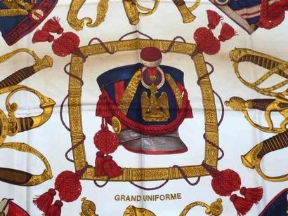 HERMES Paris "Grand Uniforme" by Joachim Metz White silk scarf (used feeling, important...
