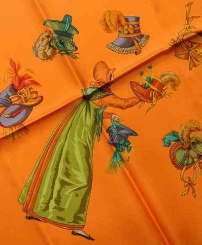 HERMES Paris "Paris Modiste" by Hugo Grygkar Orange silk scarf (very good condition)...
