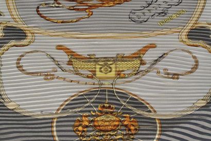 HERMES Paris "Springs" par Philippe Ledoux Grey and yellow wrinkled silk scarf (small...