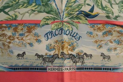 HERMES Paris "Tropiques" par Laurence Toutsy Bourthoumieux Pink and green silk scarf...