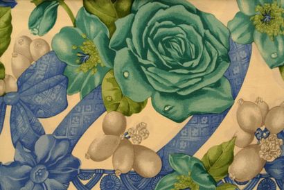 LANVIN Foulard en soie bleu à décor floral - Dimensions: 87 x 89 cm - Size: 34,2...