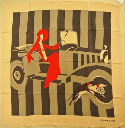 DIANNA DAVID Foulard en crêpe de soie gris, blanc et rouge à décor de femme et d'auto...