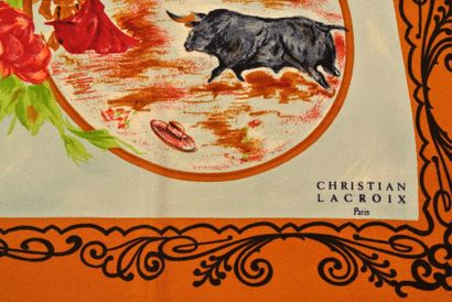 Christian LACROIX Paris Piaza de Toros" Foulard en crêpe de soie orange et rouge...