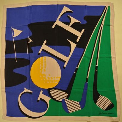 BARBARA KRACHT Golf" Foulard en crêpe de soie vert, jaune, gris et bleu - Dimensions:...