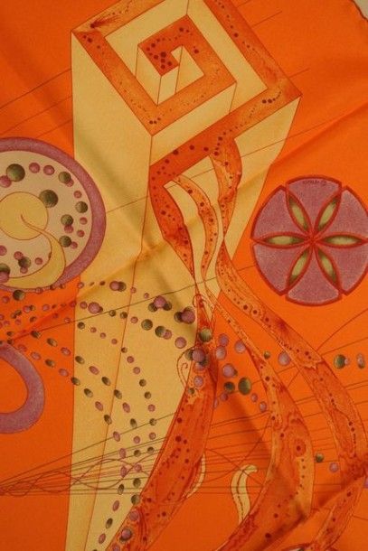 null HERMES Paris "Danse du Cosmos" by Zoé Pauwels Orange silk scarf (very good condition)...